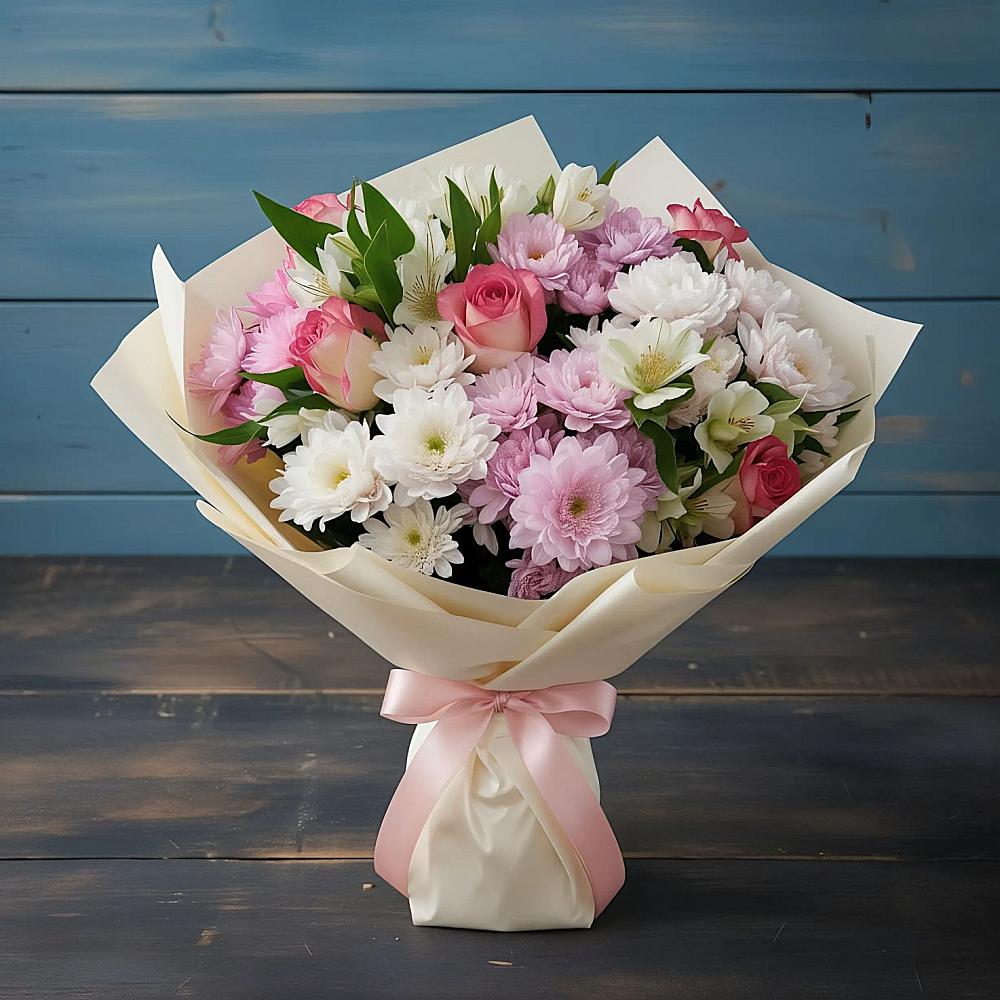 Букет цветов из: Хризантемы, Альстромерии и Розы в Клетской